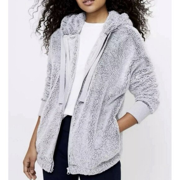 Lou & Grey for Loft Cozy Soft Gray Full Zip Oversized Teddy Bear Jacket Size S - Picture 2 of 13